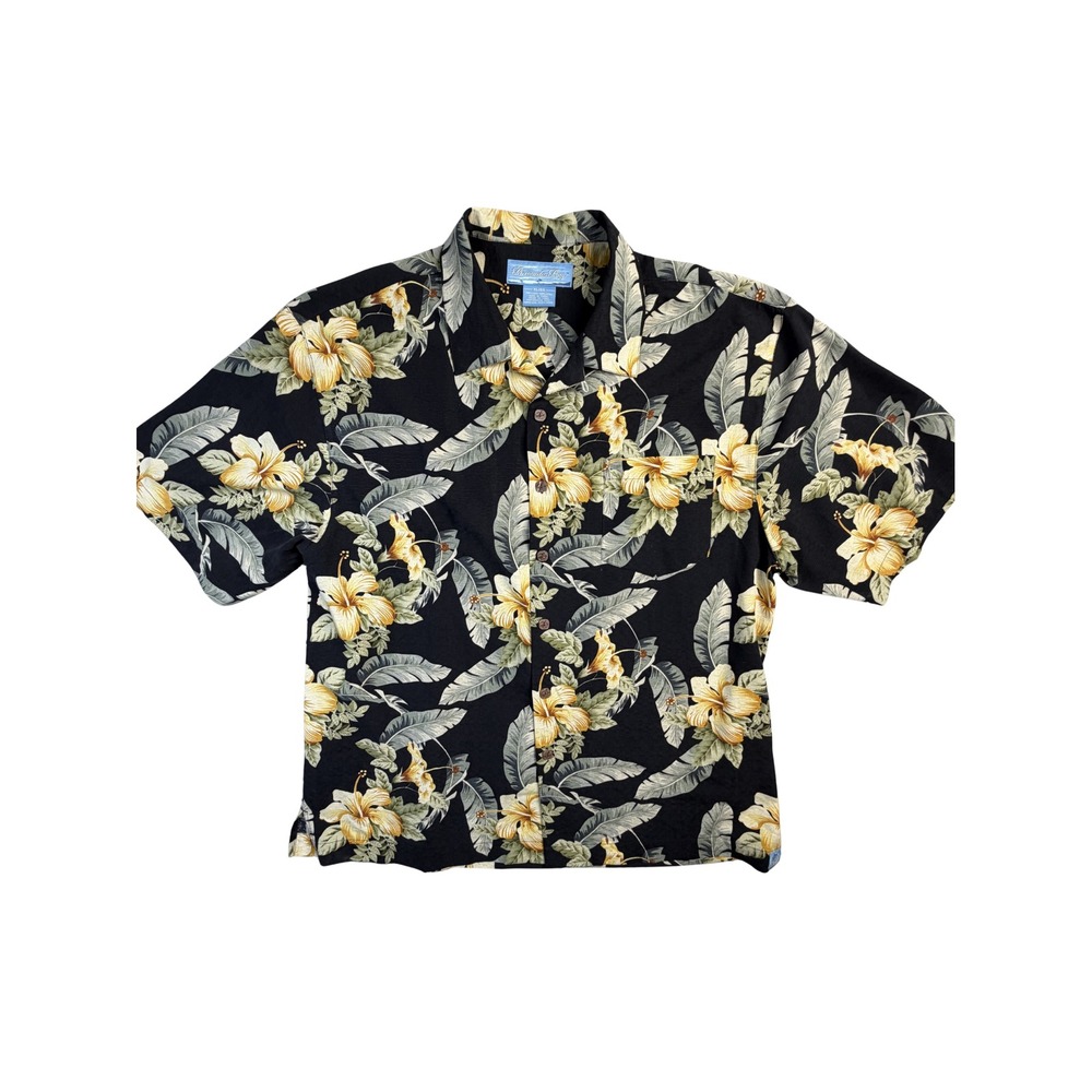 Bermuda Bay Mens XL 100%Silk Hawaiian Shirt Black Yellow Hibiscus Floral Marlin